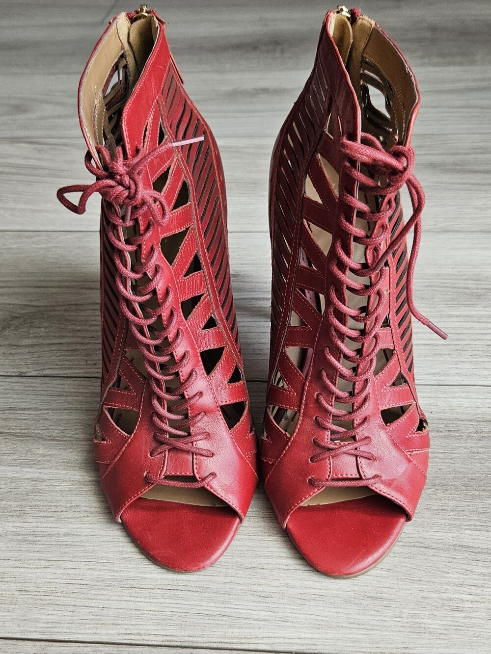 Nine West Red Lace-Up Cutout Peep-Toe Heels Angellica 10.5 Gladiator Sexy
